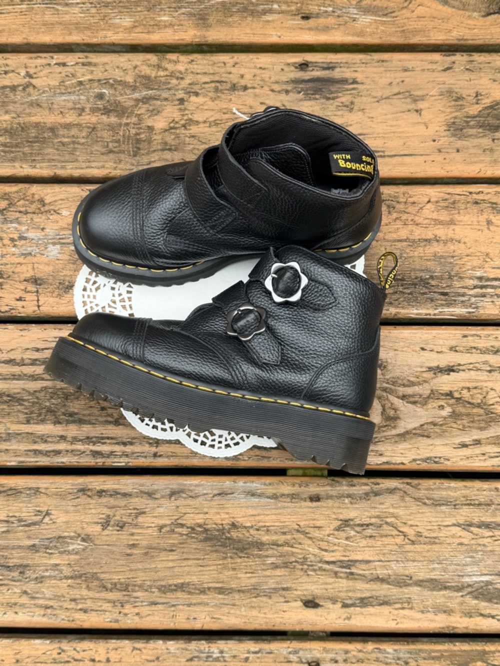 Dr. Martens Black Leather Buckle Ankle Boots with Yellow Tag
